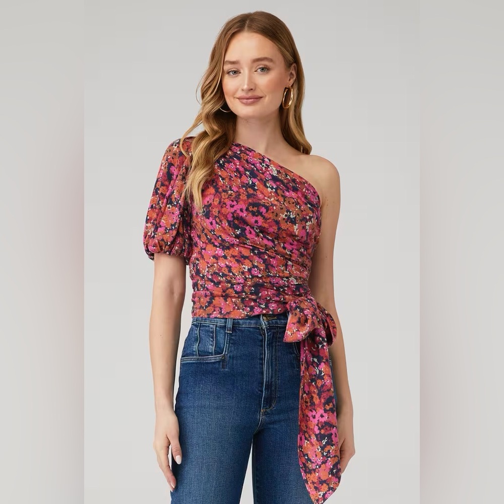 Amanda Uprichard Pink Floral One-Shoulder Top